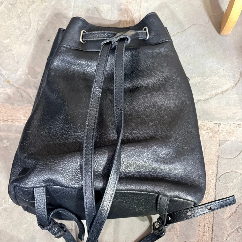 Kelsi Dagger Brooklyn Black‎ Leather Drawstring Backpack Bag Woven Detail